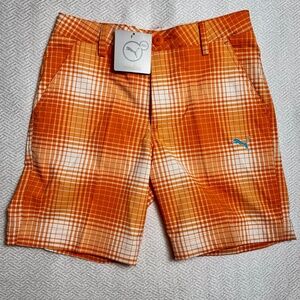 NWT Puma Boys Dry Cell Bermuda Golf Shorts Vibrant Orange & White Plaid Size M